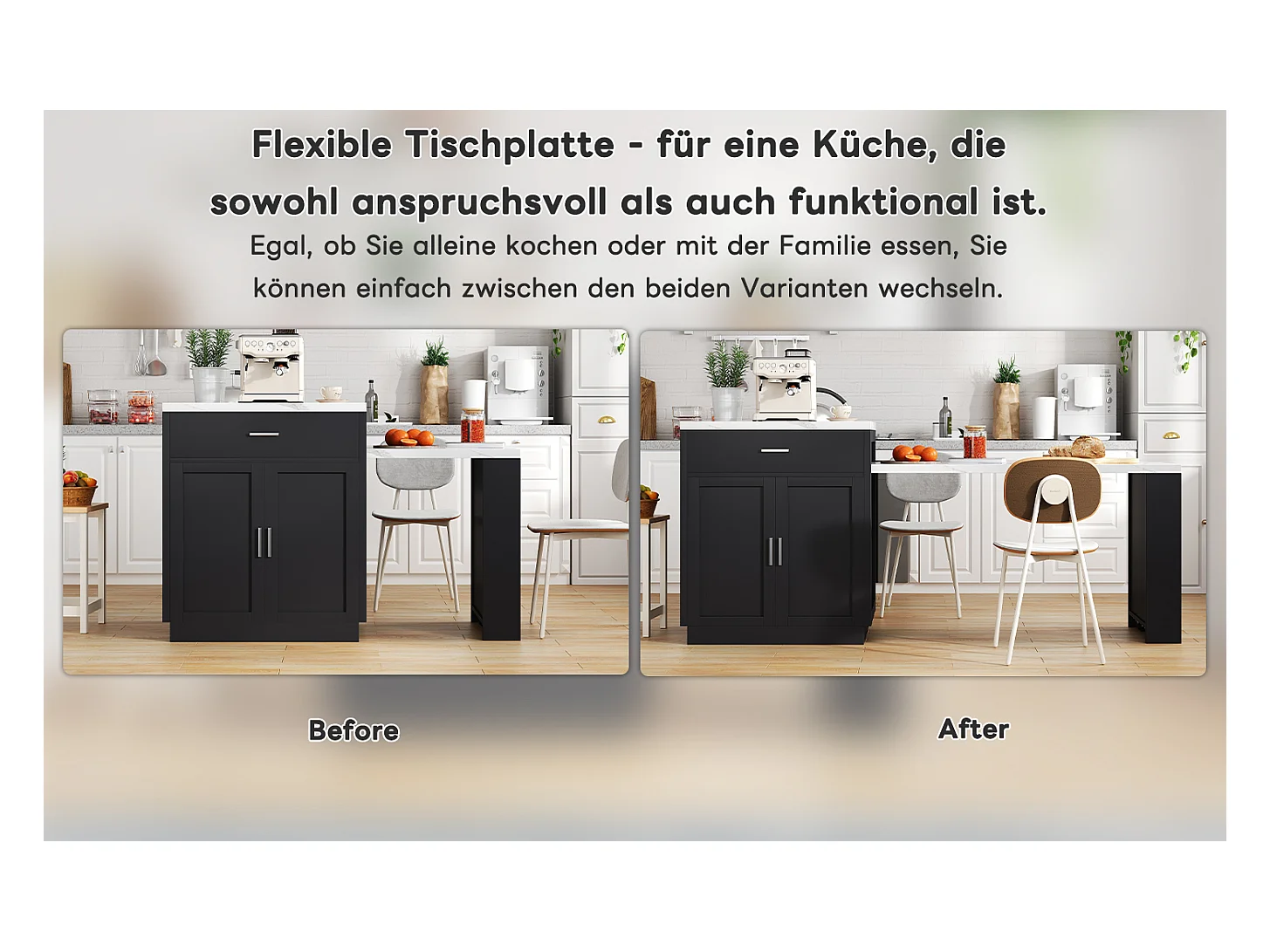 Îlot de cuisine avec table extensible pour 4-6 personnes, rangements, prises et étagères ouvertes, MDF, noir et blanc (211x55x89.5 cm)