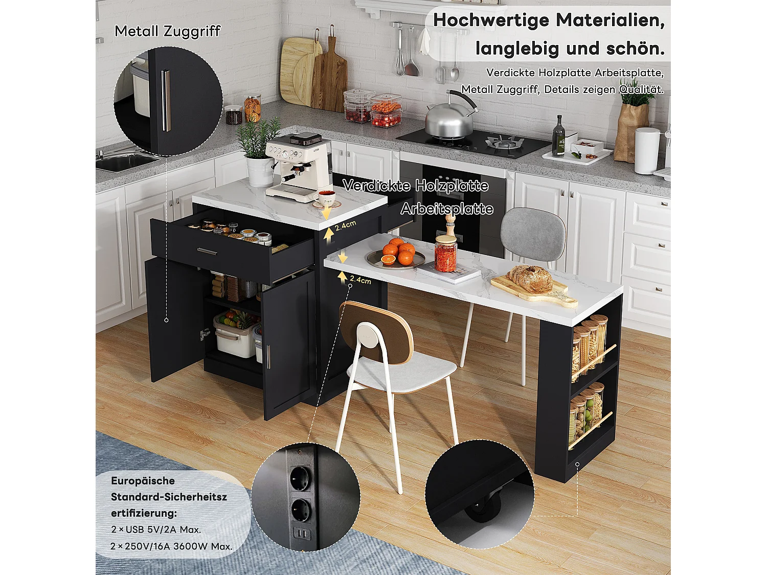 Îlot de cuisine avec table extensible pour 4-6 personnes, rangements, prises et étagères ouvertes, MDF, noir et blanc (211x55x89.5 cm)