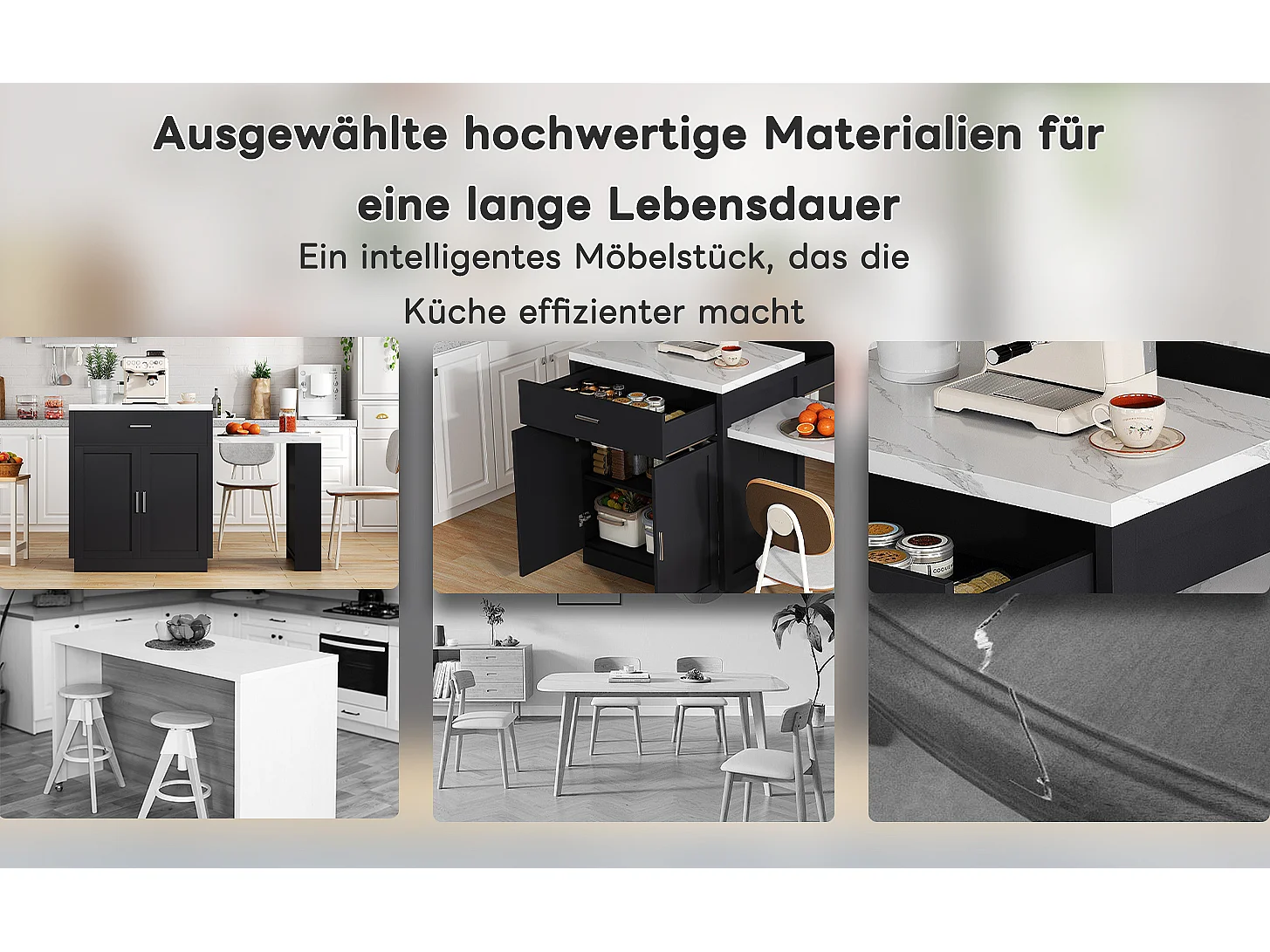 Îlot de cuisine avec table extensible pour 4-6 personnes, rangements, prises et étagères ouvertes, MDF, noir et blanc (211x55x89.5 cm)