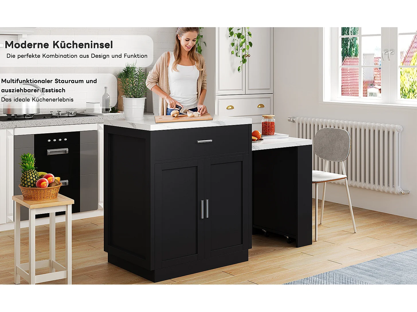 Îlot de cuisine avec table extensible pour 4-6 personnes, rangements, prises et étagères ouvertes, MDF, noir et blanc (211x55x89.5 cm)