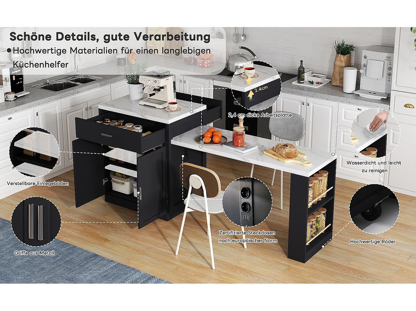 Îlot de cuisine avec table extensible pour 4-6 personnes, rangements, prises et étagères ouvertes, MDF, noir et blanc (211x55x89.5 cm)