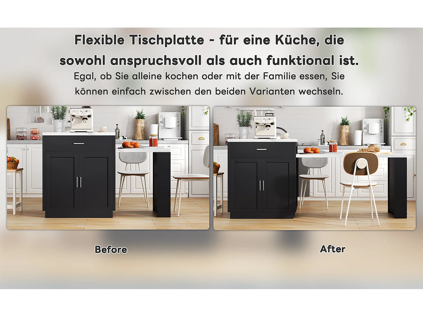 Îlot de cuisine avec table extensible pour 4-6 personnes, rangements, prises et étagères ouvertes, MDF, noir et blanc (211x55x89.5 cm)