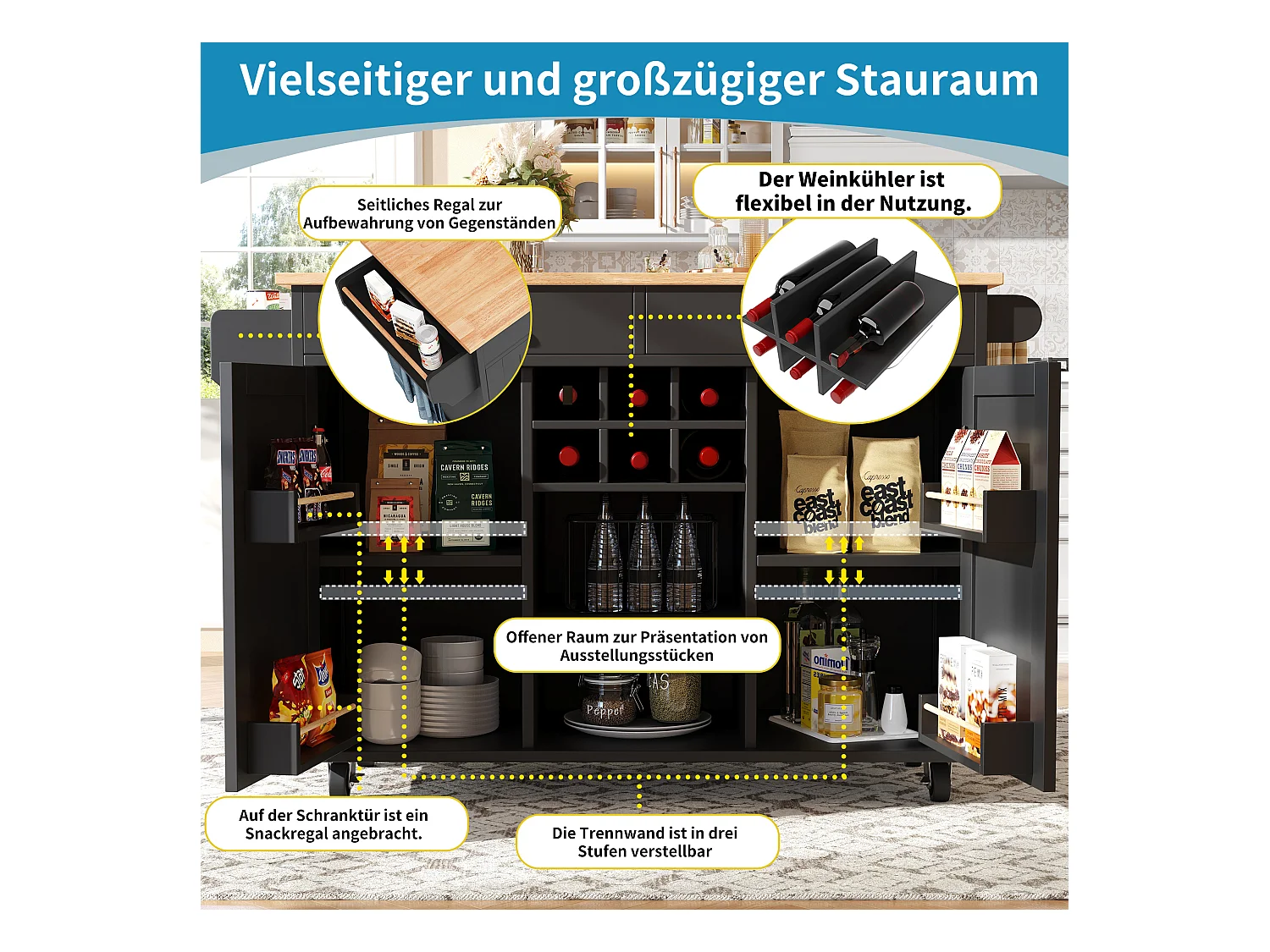 Îlot de cuisine moderne, meuble multifonction avec rangements, plan de travail avec bois imitation, noir (102x45x92 cm)