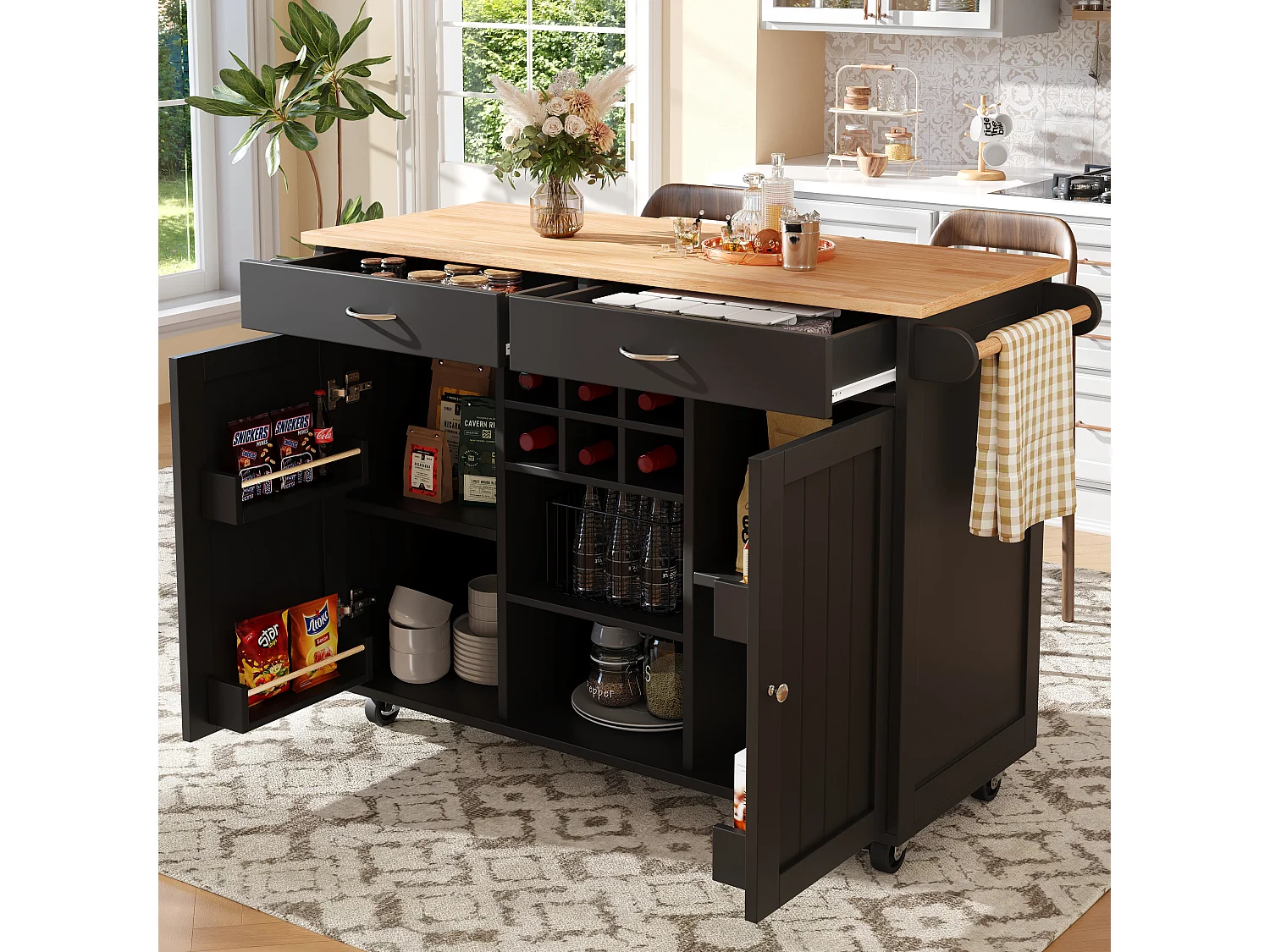 Isla de cocina moderna, mueble multifuncional con almacenaje, encimera imitación madera, color negro (102x45x92 cm)