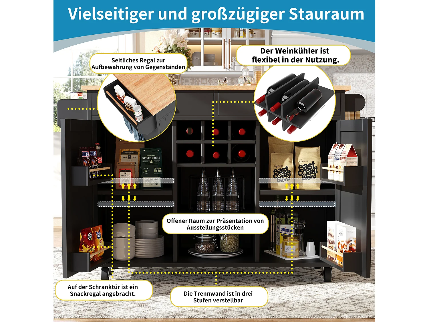 Isla de cocina moderna, mueble multifuncional con almacenaje, encimera imitación madera, color negro (102x45x92 cm)