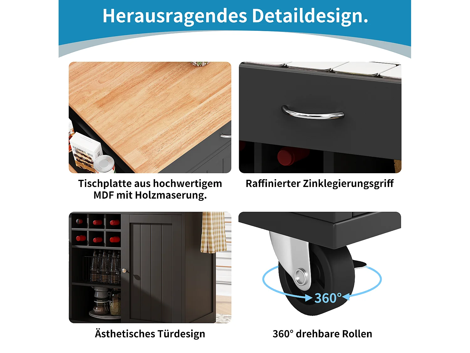 Isla de cocina moderna, mueble multifuncional con almacenaje, encimera imitación madera, color negro (102x45x92 cm)