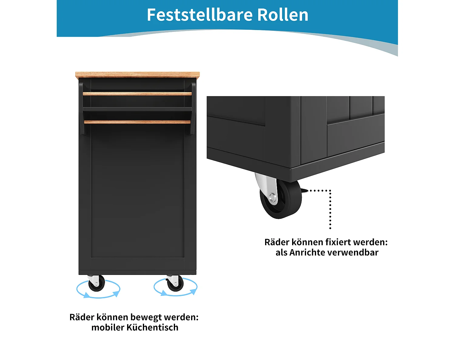 Isla de cocina moderna, mueble multifuncional con almacenaje, encimera imitación madera, color negro (102x45x92 cm)