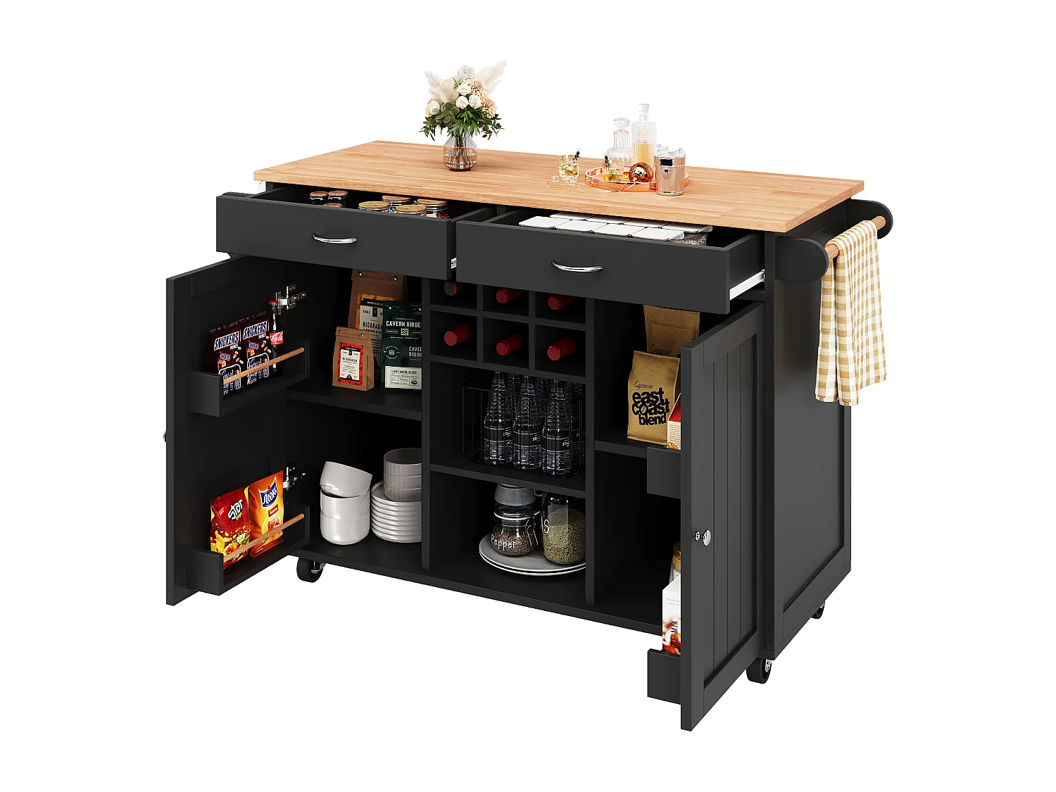Isla de cocina moderna, mueble multifuncional con almacenaje, encimera imitación madera, color negro (102x45x92 cm)