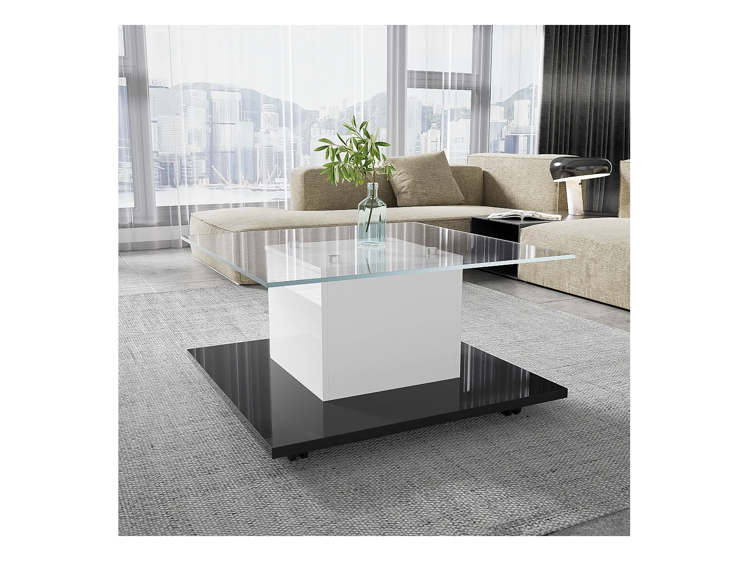 Gelakte glazen salontafel, tafel met zwenkwielen, MDF, wit en zwart, (80x80x40 cm)