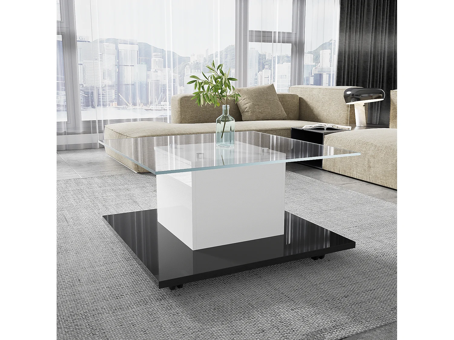 Table basse en verre laqué, table avec roulettes pivotantes, MDF, blanc et noir, (80x80x40 cm)