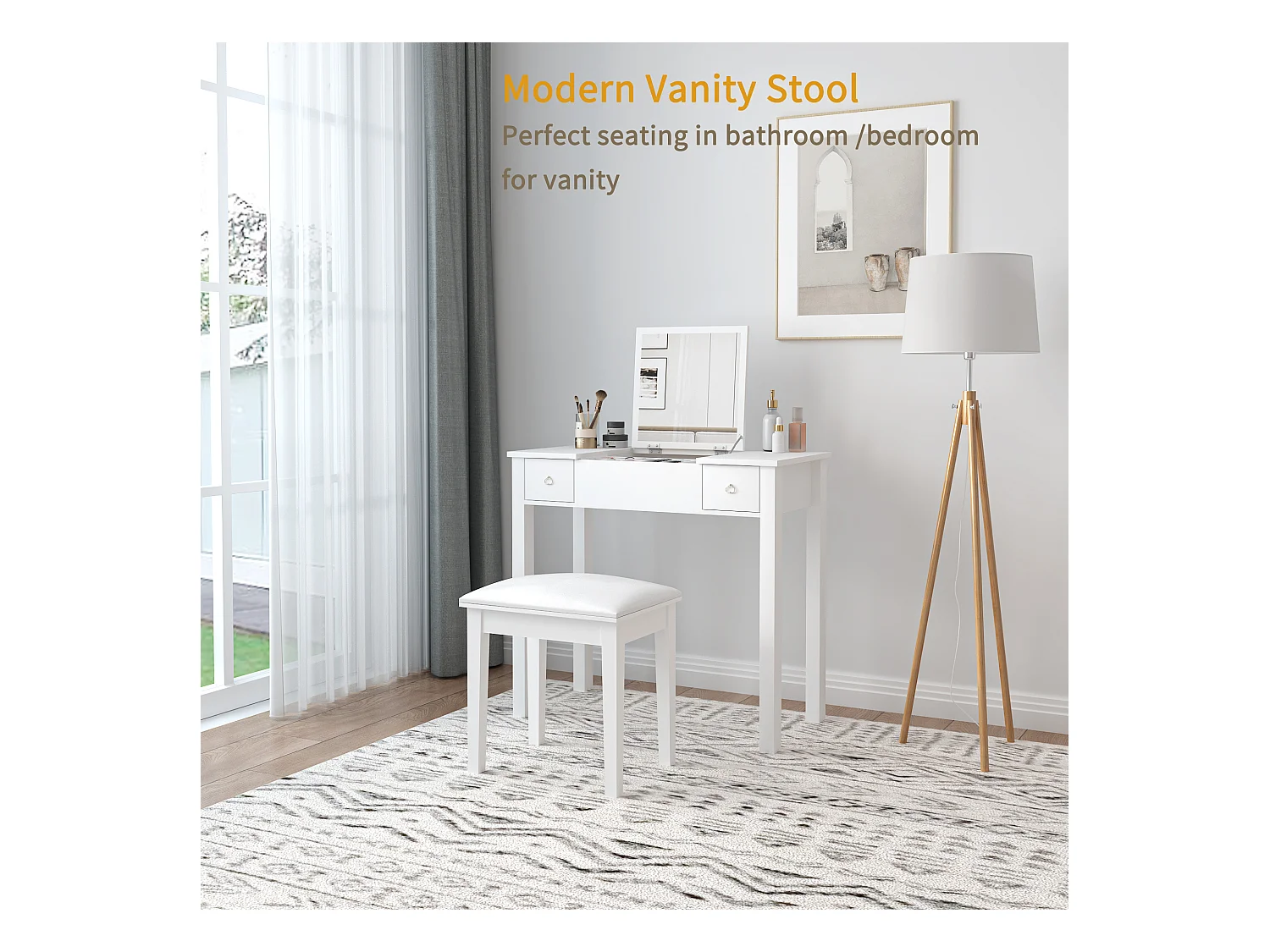 Tabouret de maquillage moderne, siège rembourré pour piano, tissu chenille blanc (43x33x45 cm)