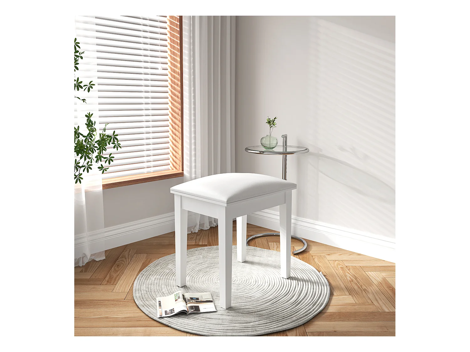 Taburete de maquillaje moderno, asiento de piano tapizado, tela de chenilla blanca (43 x 33 x 45 cm)