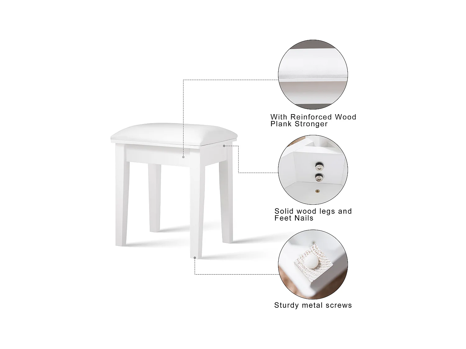 Tabouret de maquillage moderne, siège rembourré pour piano, tissu chenille blanc (43x33x45 cm)