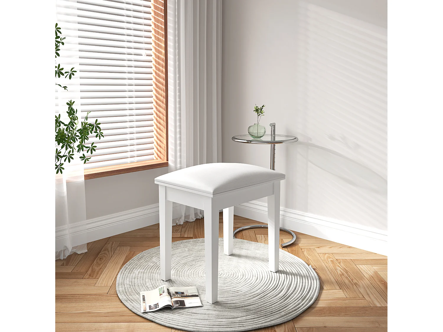 Tabouret de maquillage moderne, siège rembourré pour piano, tissu chenille blanc (43x33x45 cm)