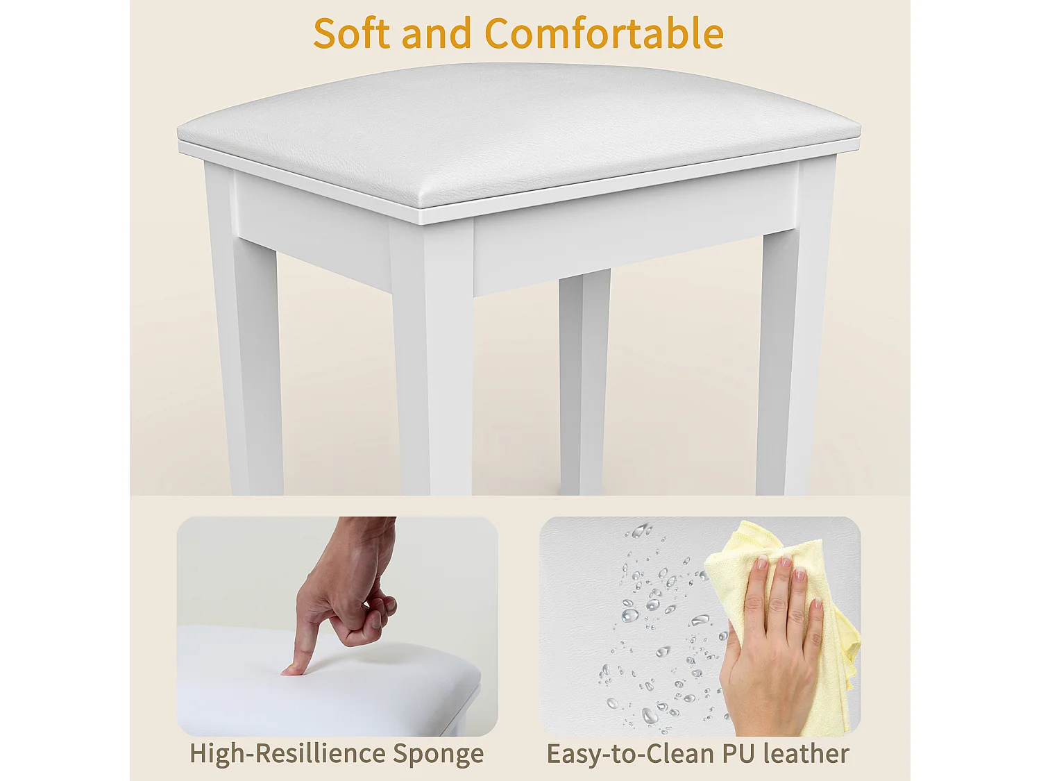 Tabouret de maquillage moderne, siège rembourré pour piano, tissu chenille blanc (43x33x45 cm)