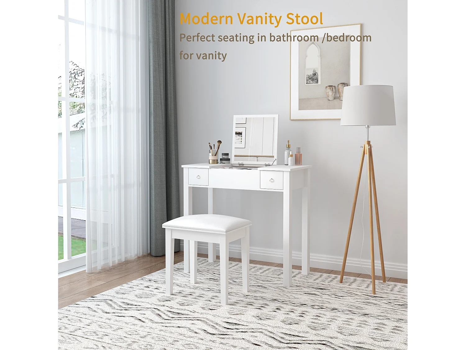 Tabouret de maquillage moderne, siège rembourré pour piano, tissu chenille blanc (43x33x45 cm)