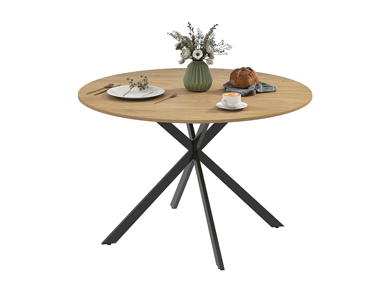 Table à manger ronde pour 4 personnes, style industriel, pieds en acier, bois, chêne (120x120x75 cm)