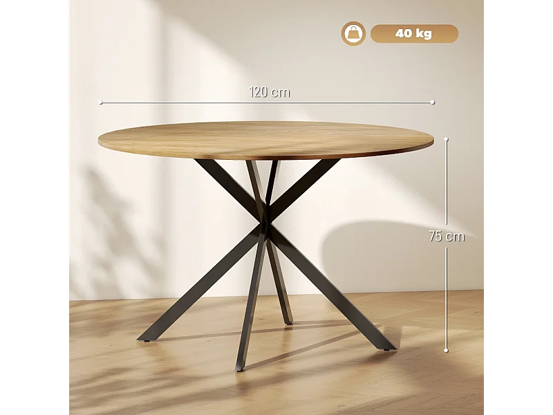 Table à manger ronde pour 4 personnes, style industriel, pieds en acier, bois, chêne (120x120x75 cm)