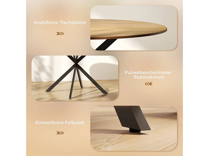 Table à manger ronde pour 4 personnes, style industriel, pieds en acier, bois, chêne (120x120x75 cm)