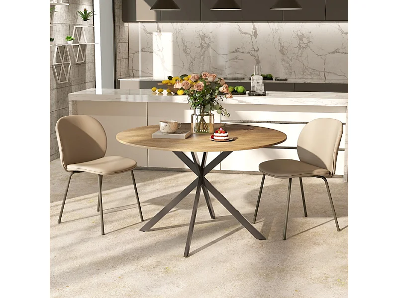 Table à manger ronde pour 4 personnes, style industriel, pieds en acier, bois, chêne (120x120x75 cm)