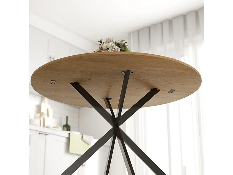 Table à manger ronde pour 4 personnes, style industriel, pieds en acier, bois, chêne (120x120x75 cm)