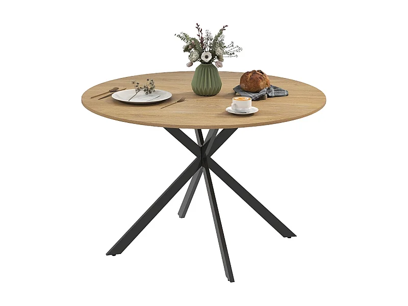 Table à manger ronde pour 4 personnes, style industriel, pieds en acier, bois, chêne (120x120x75 cm)