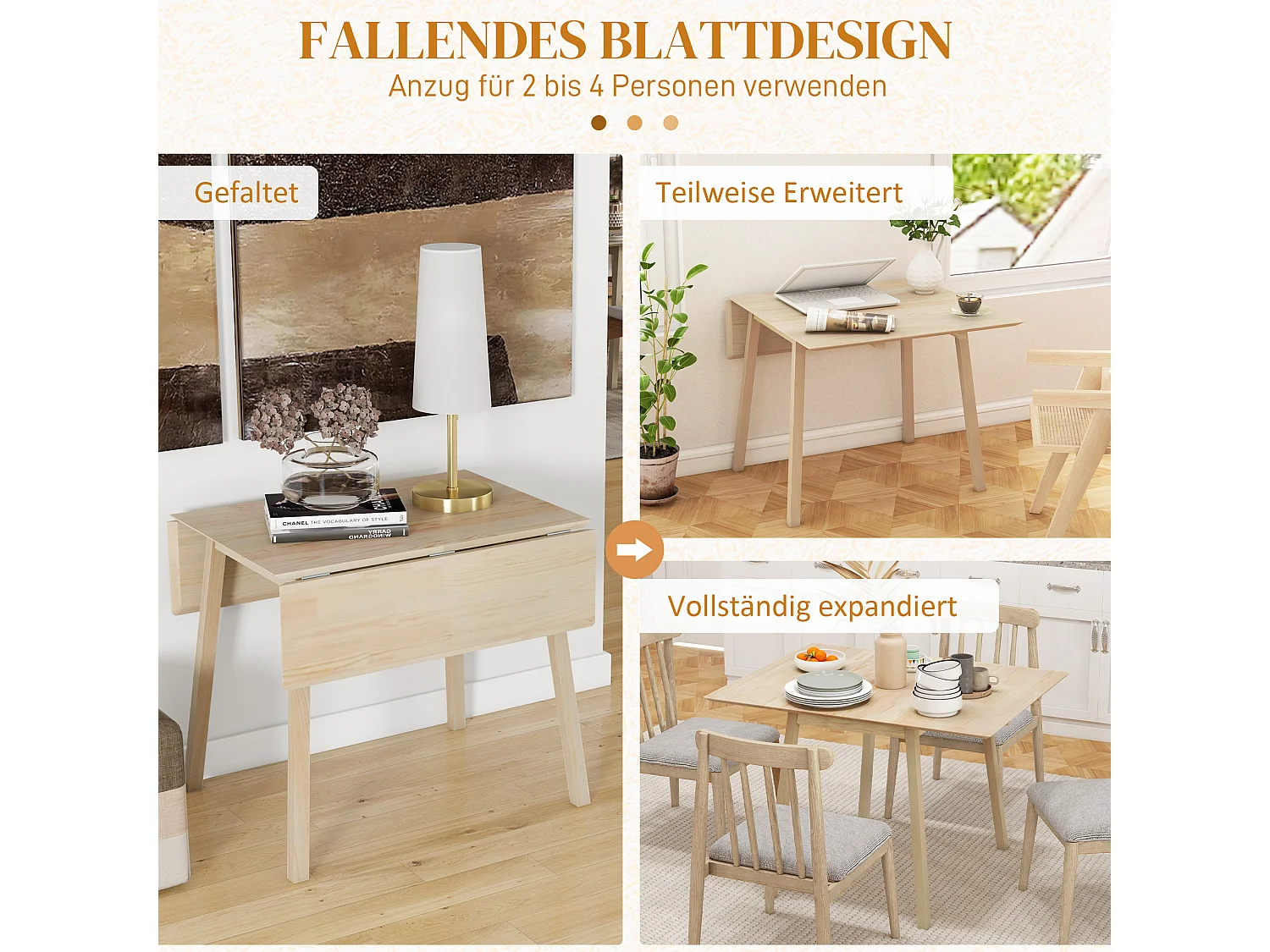 Ausziehbarer Klapptisch aus Naturholz, für 2-4 Personen, kompaktes Design (110x86x75cm)