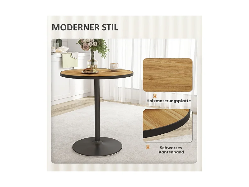 Table ronde moderne, plateau imitation bois, base stable, chêne (70x70x76cm)