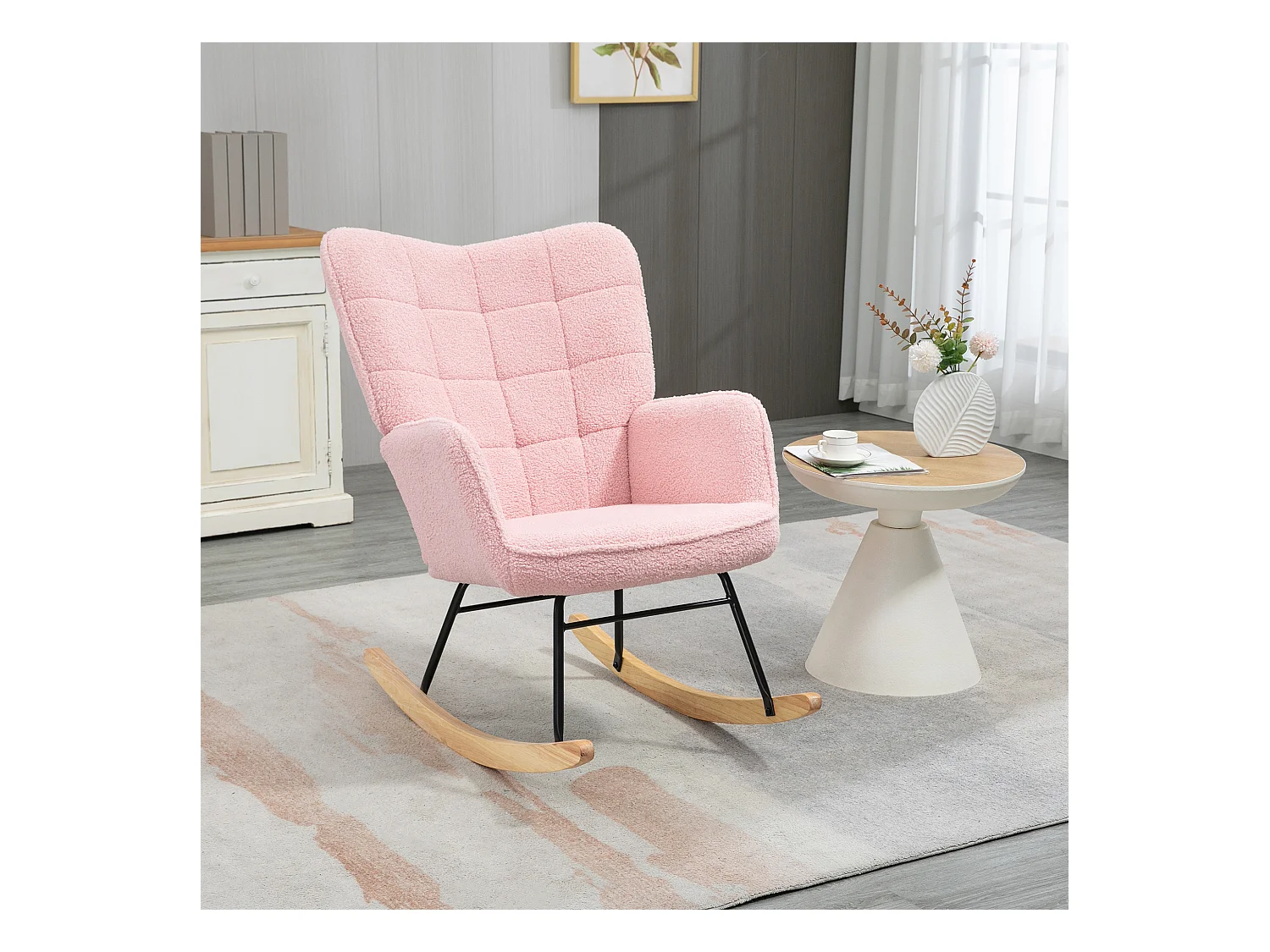 Fauteuil à bascule avec imitation laine d’agneau, structure acier et bois, rose (71x98x101cm)