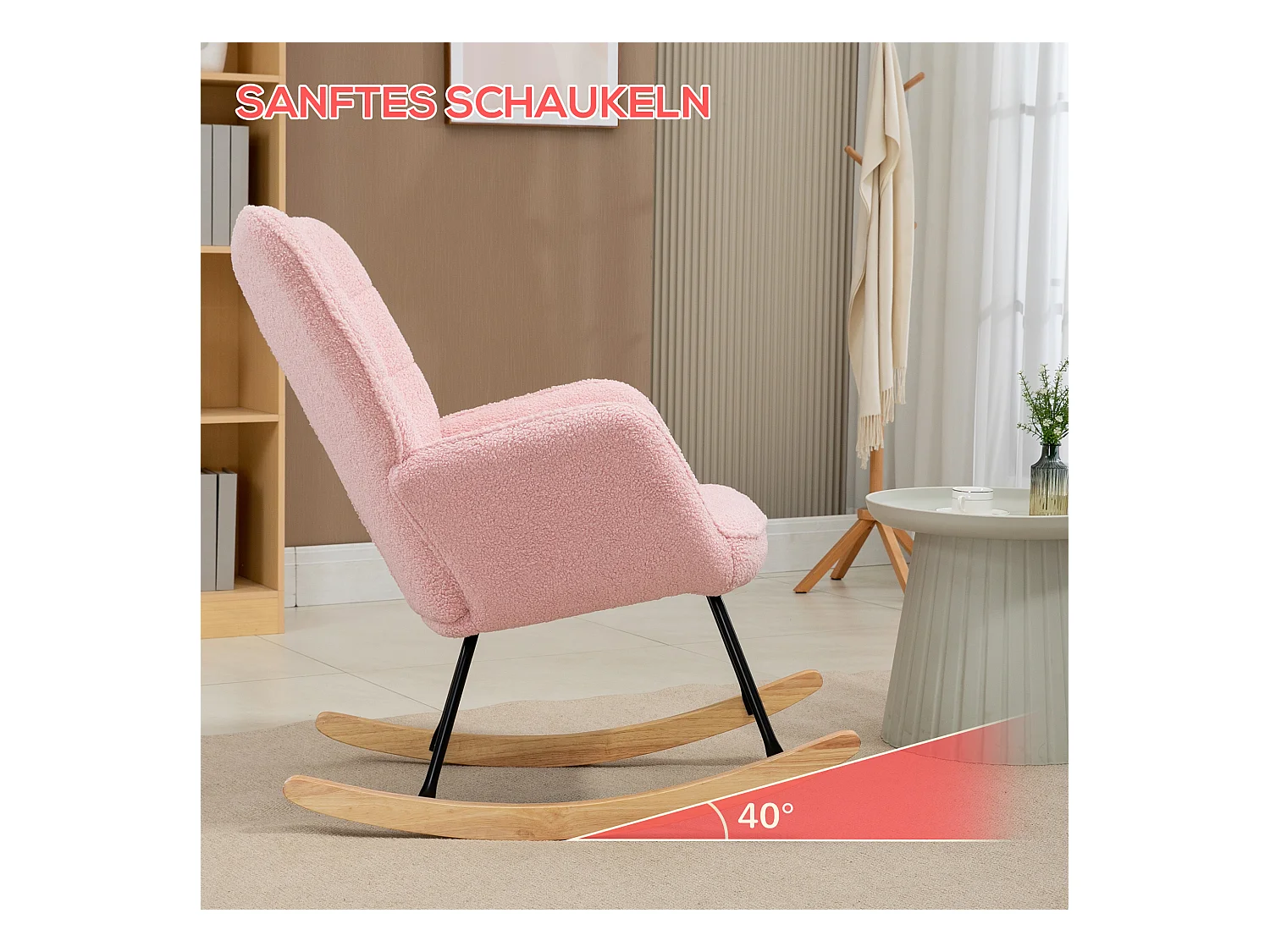 Fauteuil à bascule avec imitation laine d’agneau, structure acier et bois, rose (71x98x101cm)