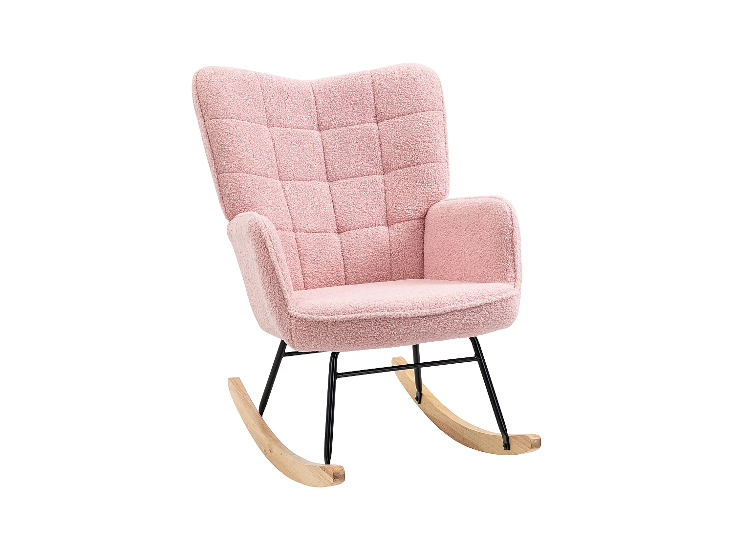 Mecedora con estructura de acero y madera imitación lana de cordero, color rosa (71x98x101cm)