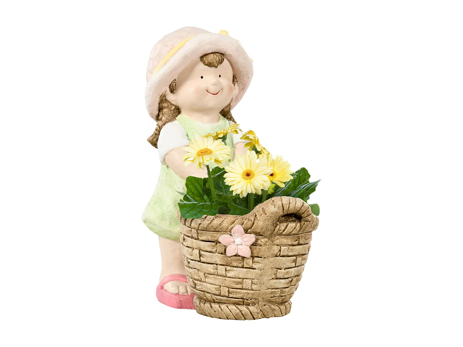 Decoratief beeldje meisje met bloemenmand, gemaakt van magnesiumoxide, veelkleurig, voor tuin en interieur (20x30x40 cm)