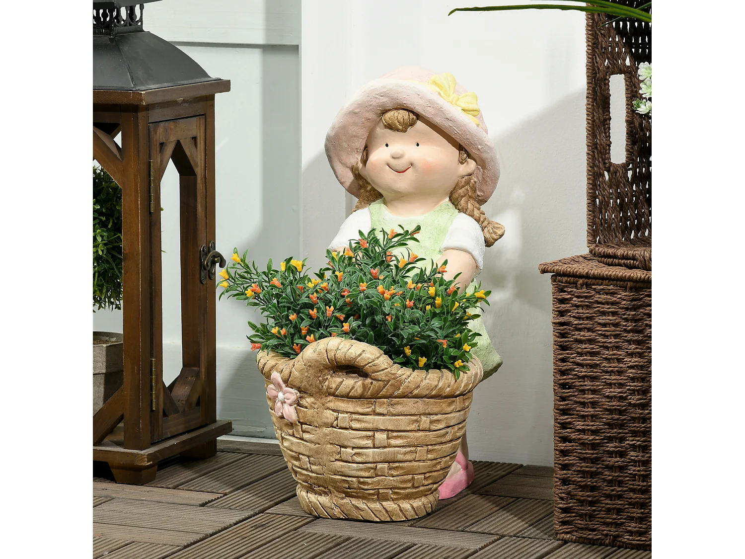 Decoratief beeldje meisje met bloemenmand, gemaakt van magnesiumoxide, veelkleurig, voor tuin en interieur (20x30x40 cm)