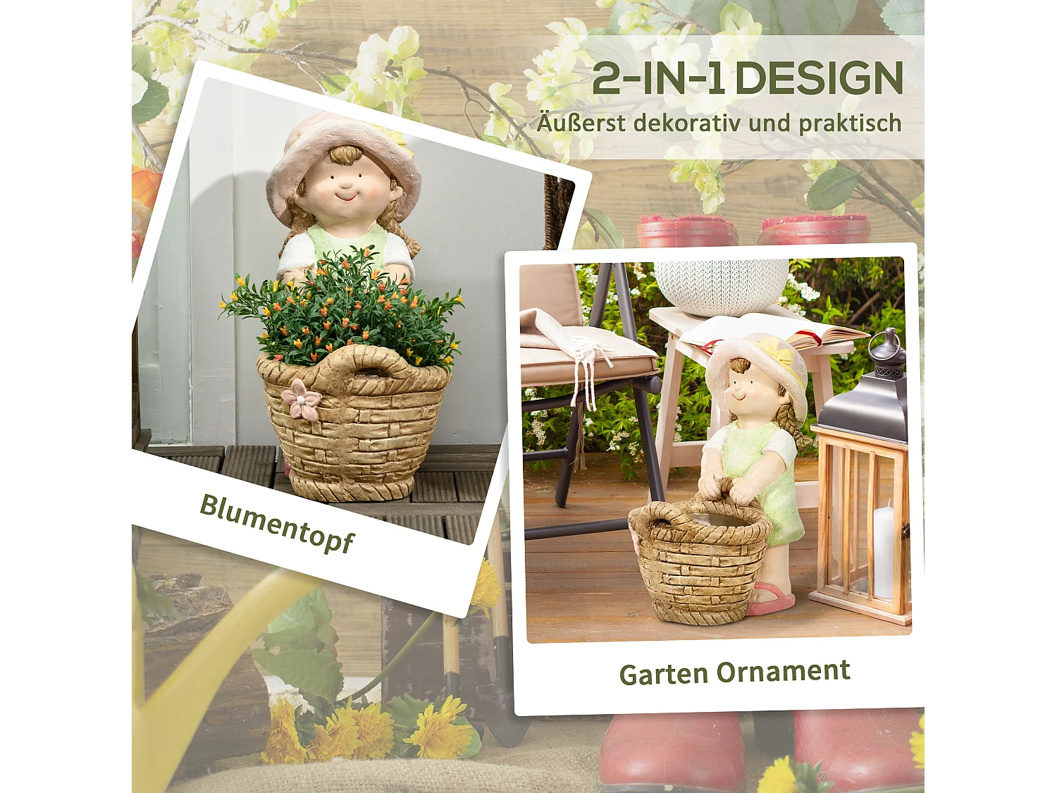 Decoratief beeldje meisje met bloemenmand, gemaakt van magnesiumoxide, veelkleurig, voor tuin en interieur (20x30x40 cm)