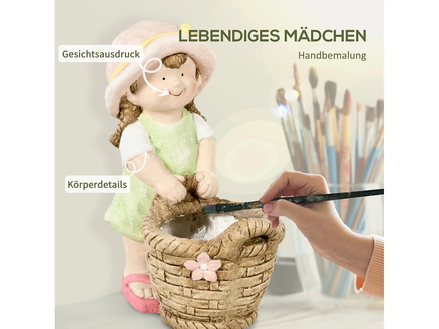 Decoratief beeldje meisje met bloemenmand, gemaakt van magnesiumoxide, veelkleurig, voor tuin en interieur (20x30x40 cm)