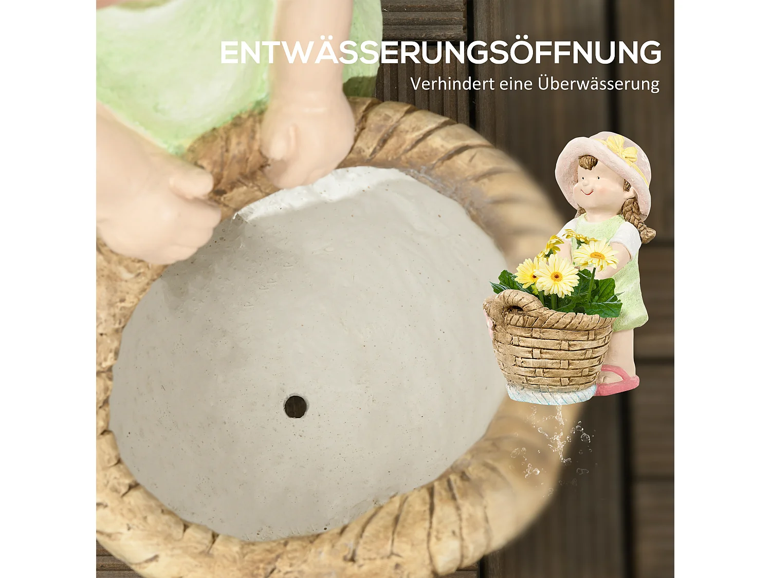 Decoratief beeldje meisje met bloemenmand, gemaakt van magnesiumoxide, veelkleurig, voor tuin en interieur (20x30x40 cm)