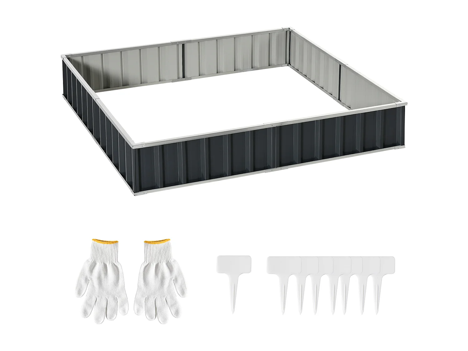 Zelfgemaakte stalen plantenbak, T-vormig, donkergrijs, met labels en handschoenen (258x90x30 cm)