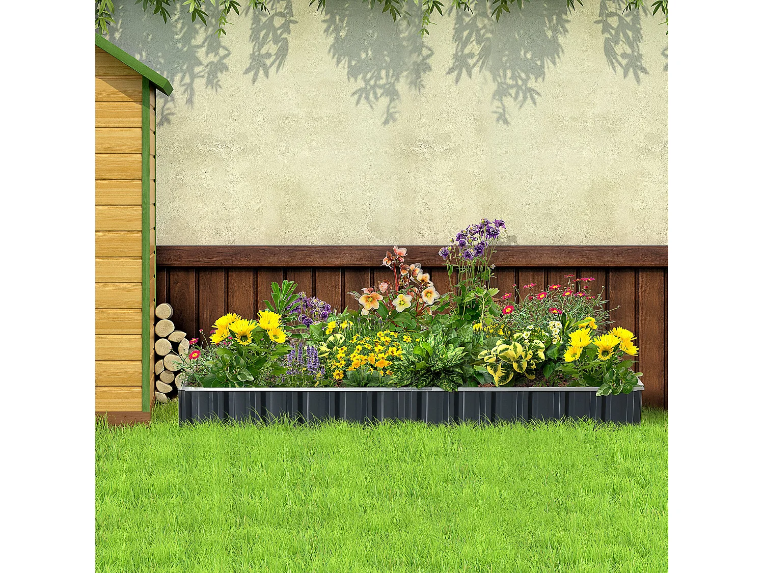 Zelfgemaakte stalen plantenbak, T-vormig, donkergrijs, met labels en handschoenen (258x90x30 cm)