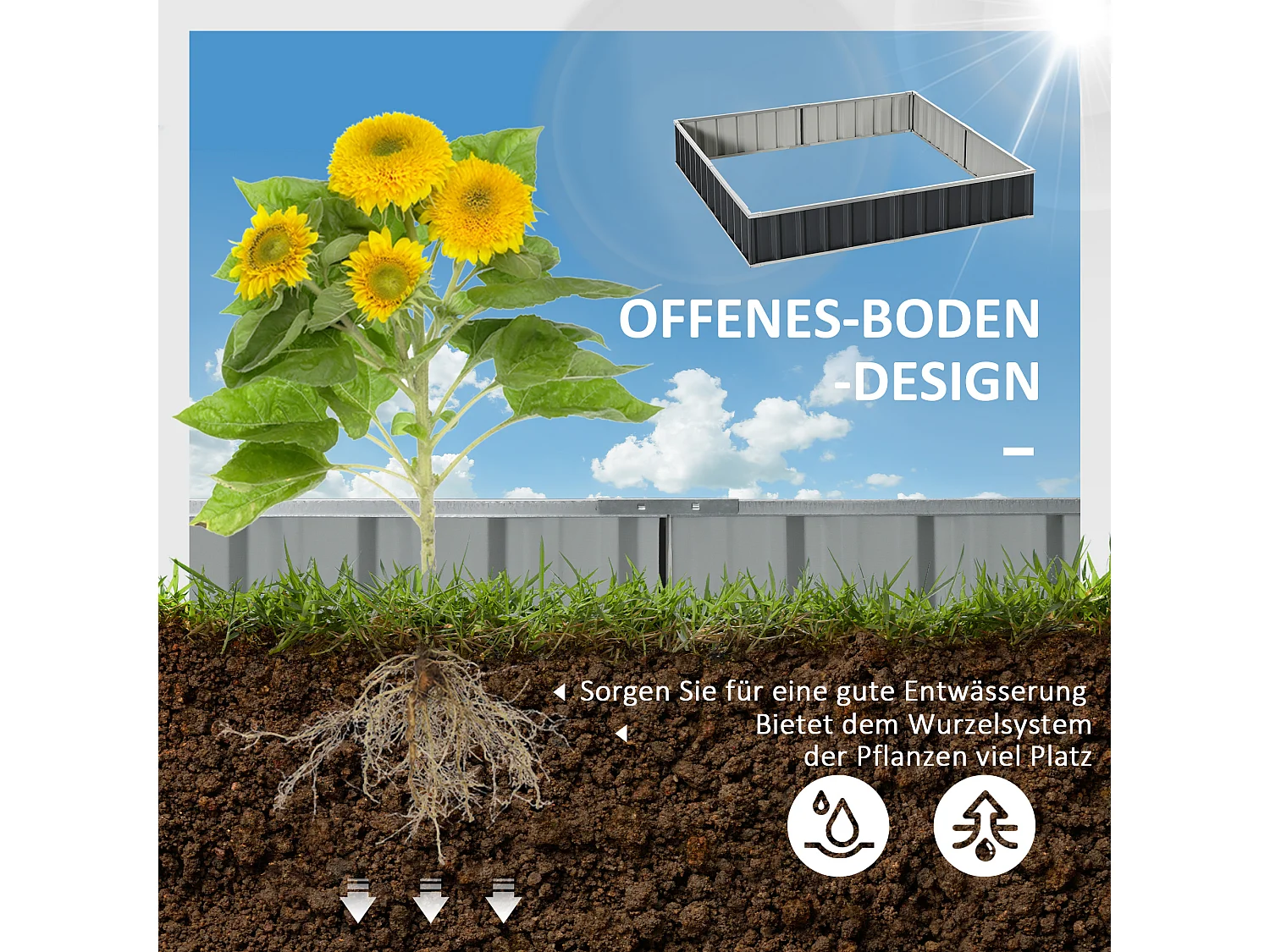 Zelfgemaakte stalen plantenbak, T-vormig, donkergrijs, met labels en handschoenen (258x90x30 cm)