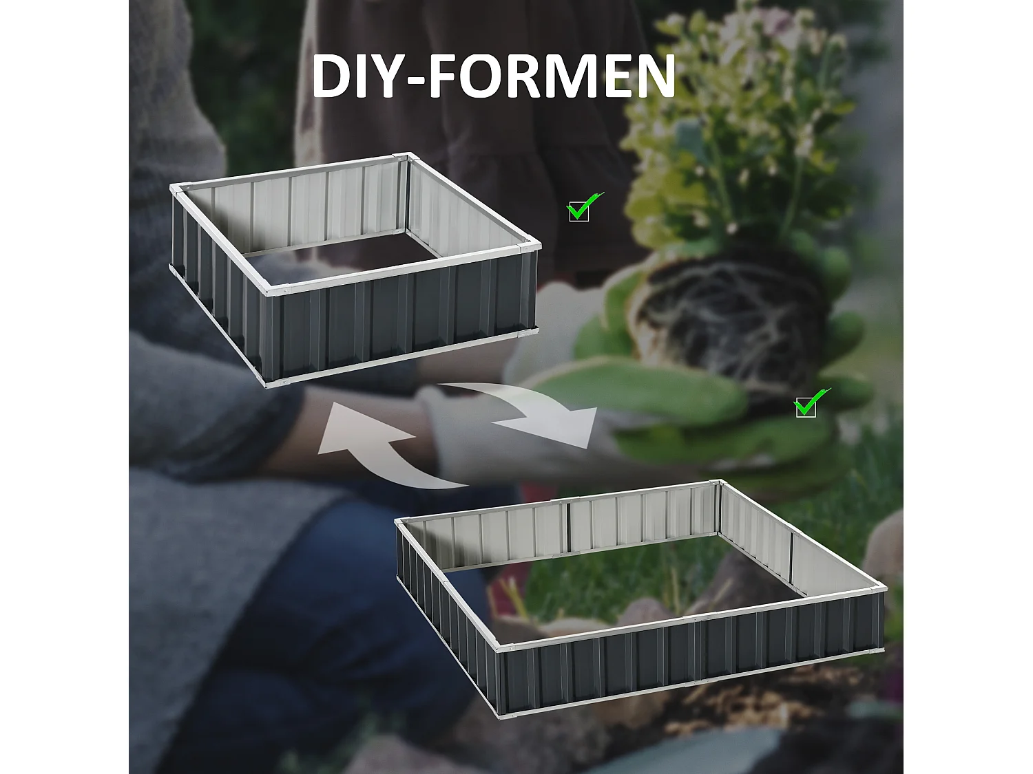 Zelfgemaakte stalen plantenbak, T-vormig, donkergrijs, met labels en handschoenen (258x90x30 cm)