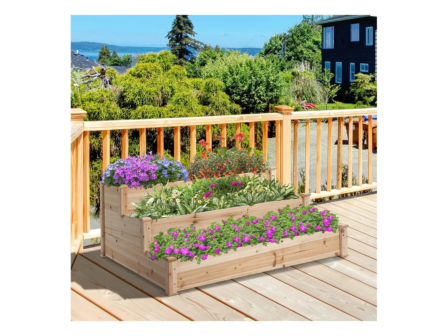 Bac à fleurs surélevé à 3 niveaux, bois massif, pour jardin et balcon (124x124x56 cm)