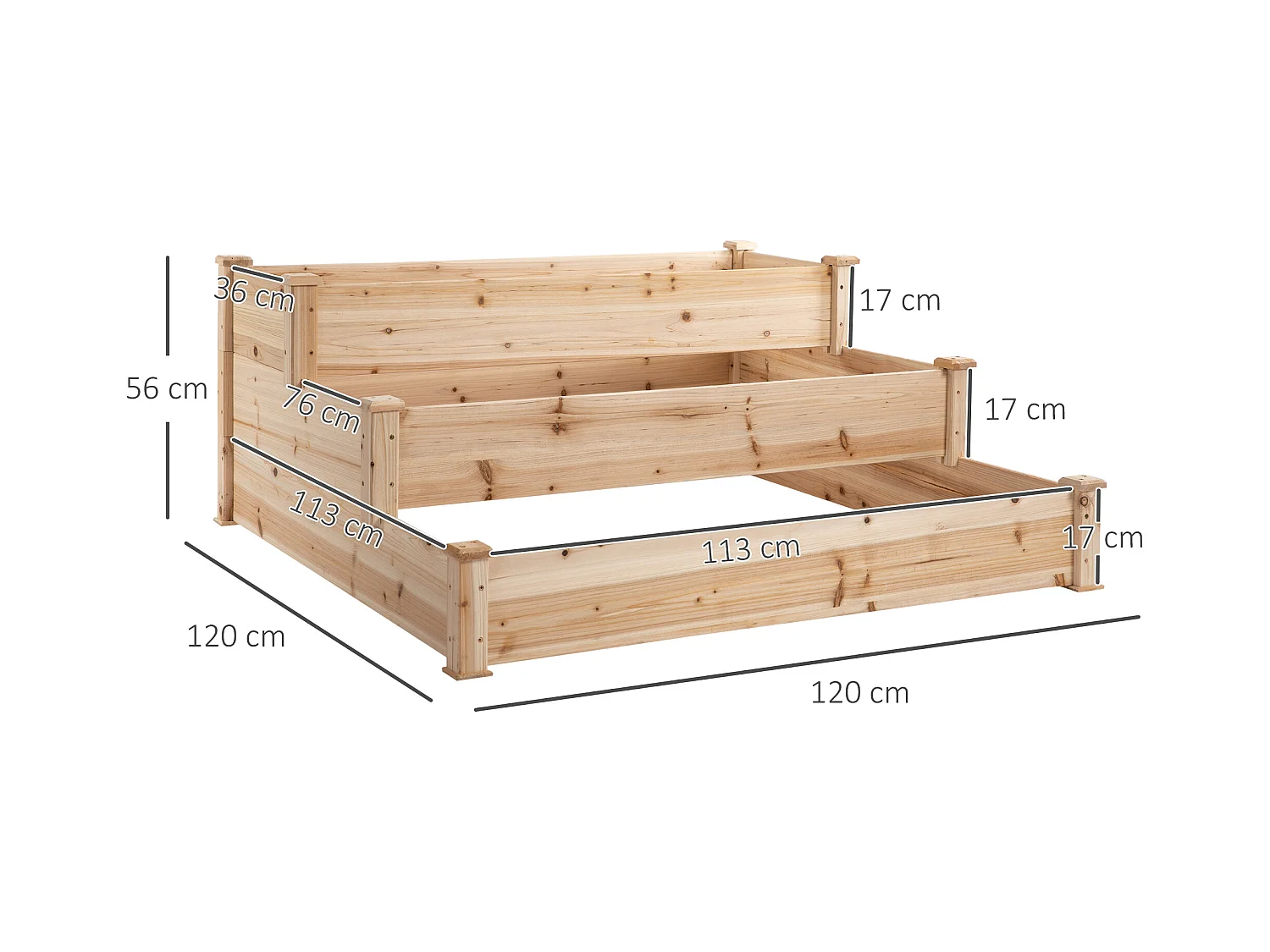 Bac à fleurs surélevé à 3 niveaux, bois massif, pour jardin et balcon (124x124x56 cm)