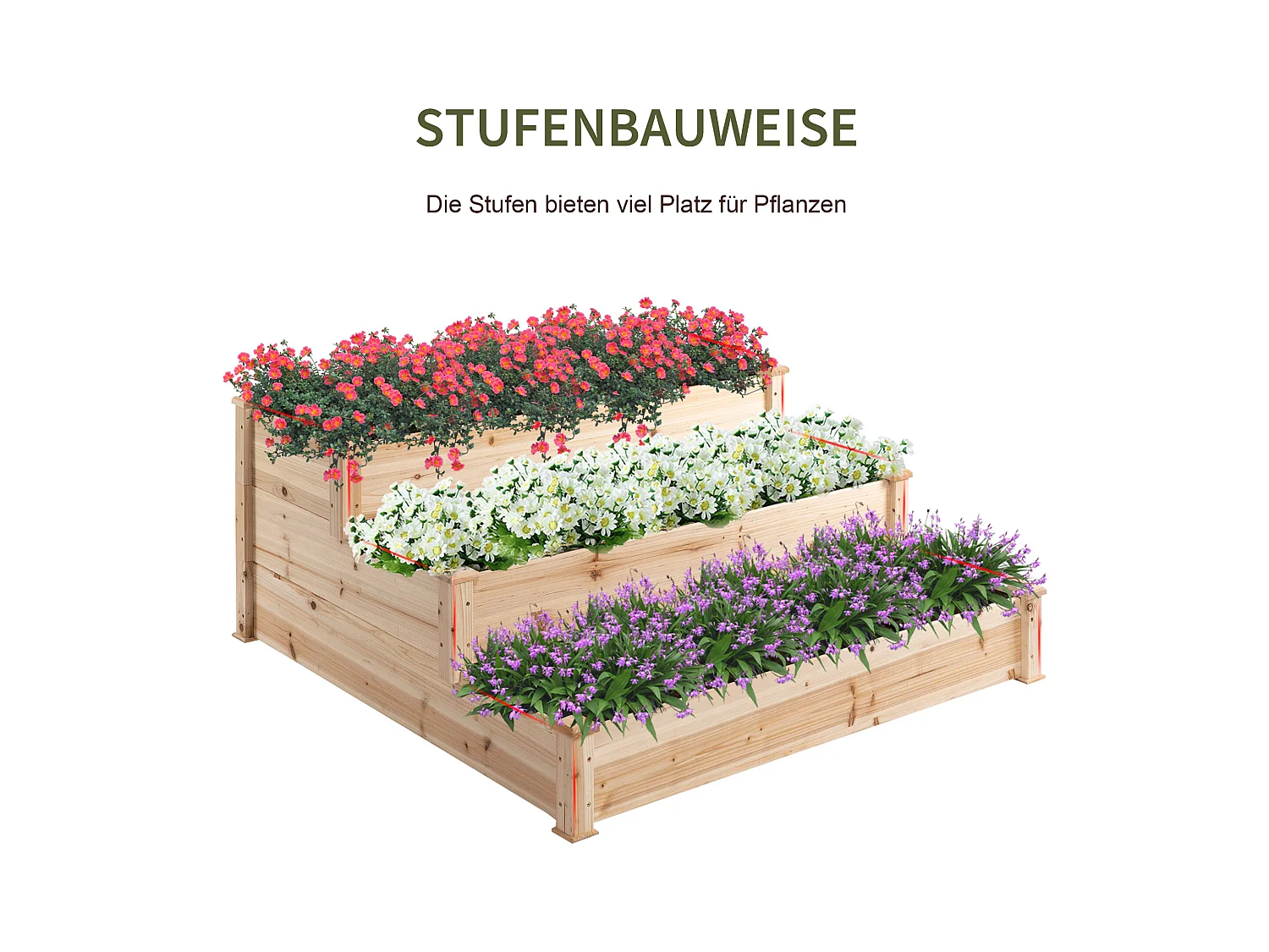 Bac à fleurs surélevé à 3 niveaux, bois massif, pour jardin et balcon (124x124x56 cm)