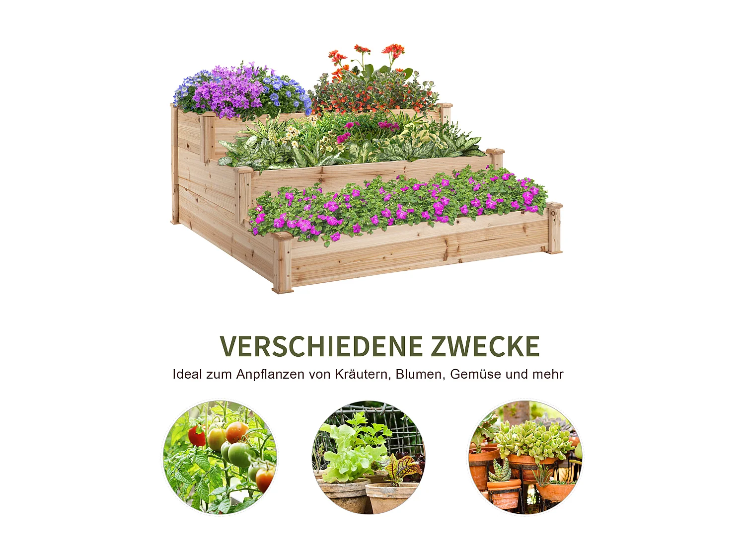 Bac à fleurs surélevé à 3 niveaux, bois massif, pour jardin et balcon (124x124x56 cm)