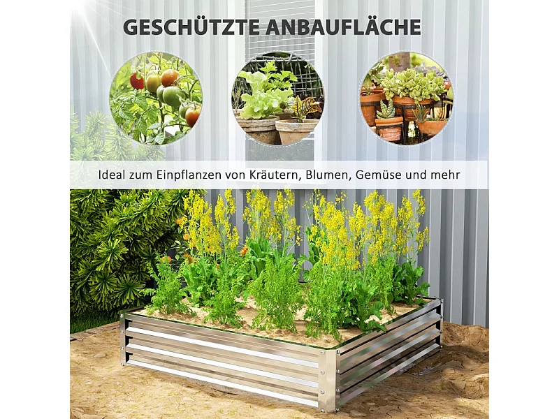 Bac de plantation en acier, résistant aux intempéries, pour jardin, terrasse, acier galvanisé, argent (120x120x30.5 cm)