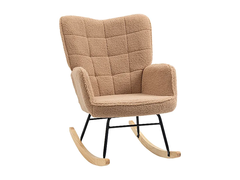 Fauteuil à bascule en imitation peau de mouton, cadre acier et bois, brun (71x98x101 cm)