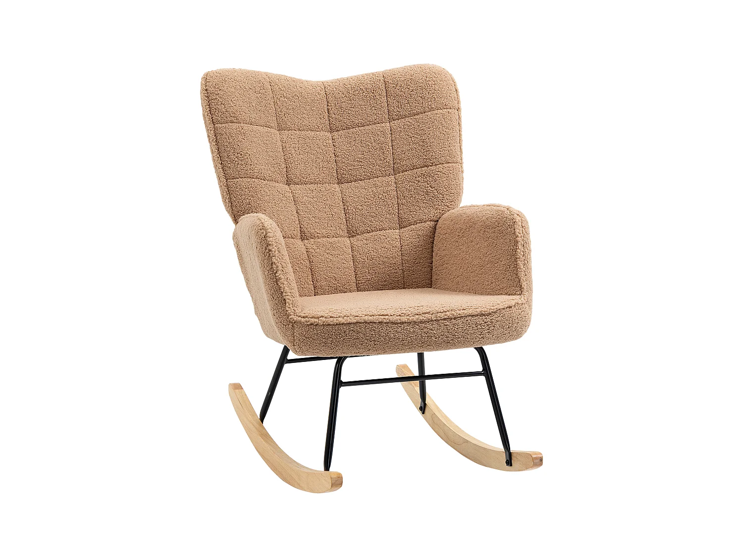 Fauteuil à bascule en imitation peau de mouton, cadre acier et bois, brun (71x98x101 cm)