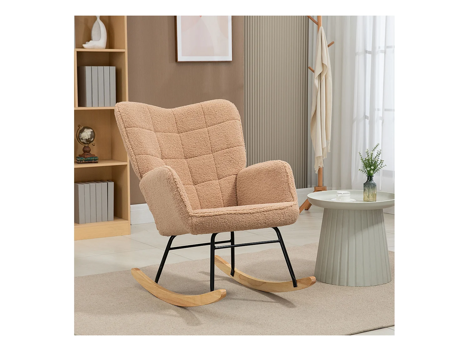 Fauteuil à bascule en imitation peau de mouton, cadre acier et bois, brun (71x98x101 cm)