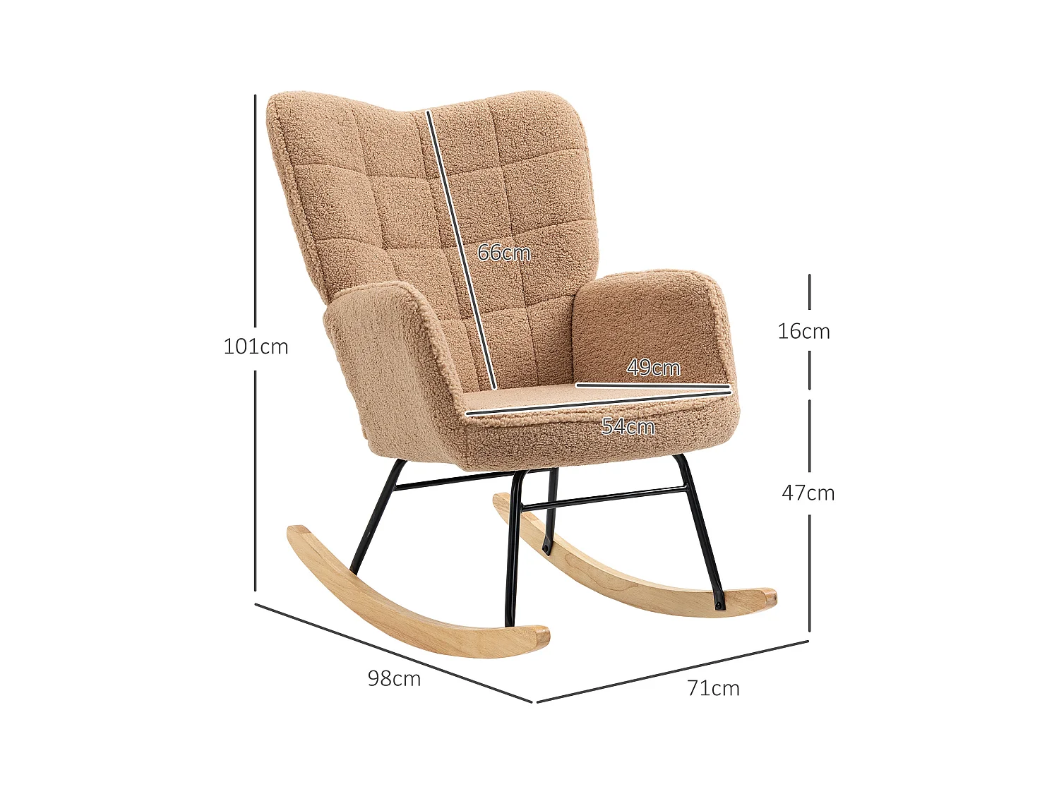 Fauteuil à bascule en imitation peau de mouton, cadre acier et bois, brun (71x98x101 cm)