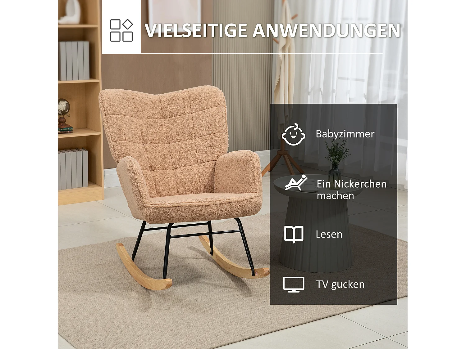 Fauteuil à bascule en imitation peau de mouton, cadre acier et bois, brun (71x98x101 cm)